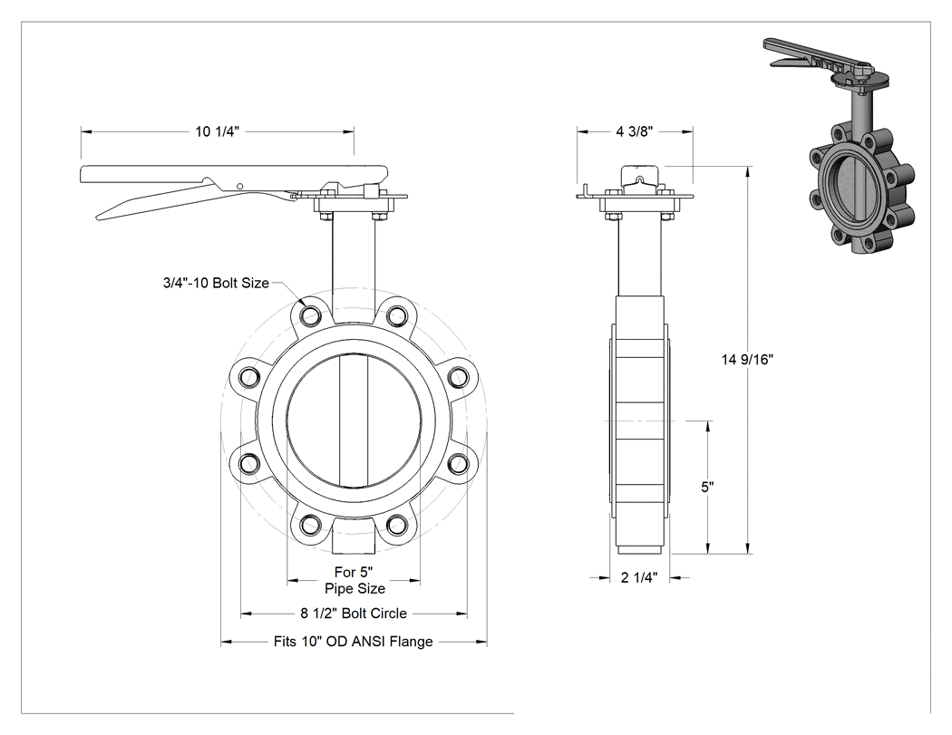 Teknik Çizim - Sfero Döküm Flanş Montajlı Akış Ayar Valfi, Hava için Lug Valfi, 5 Boru Boyutu, -30 °F ila 275 °F