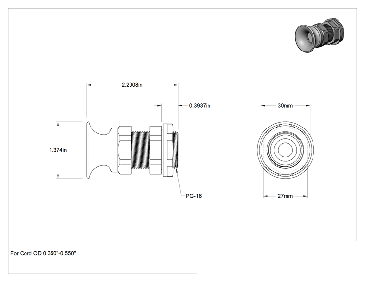 Teknik Çizim - Genişletilmiş Plastik Daldırılabilir Kablo Tutucu, PG-16 Delme için, 0.35"-0.55" Kordon Dış Çapı için