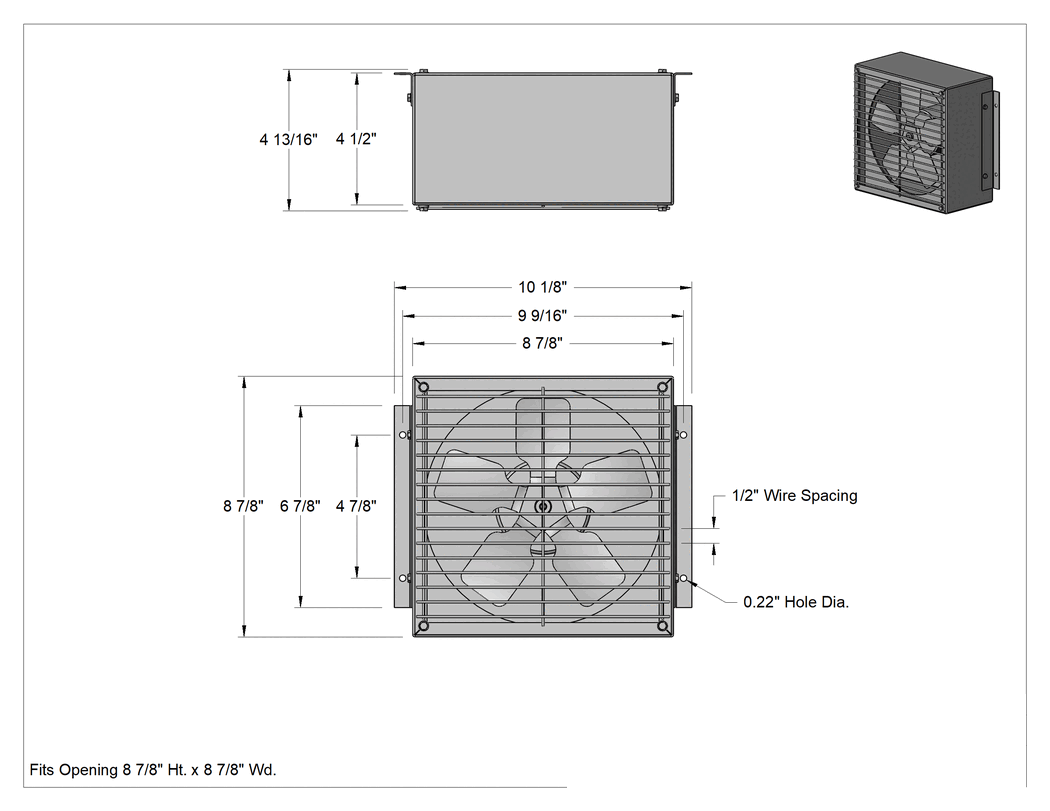 Teknik Çizim - Muhafaza Soğutma Fanı, 8-7/8" Yükseklik x 10-1/8" Genişlik x 4-13/16" Derinlik Toplam