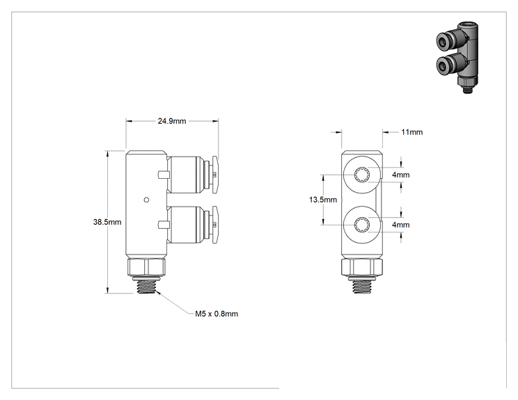 Teknik Çizim - Güvenlik Kapatmalı Hava Yön Kontrol Vanası, 2 Port, 4 mm Boru Dış Çapı x M5 Diş