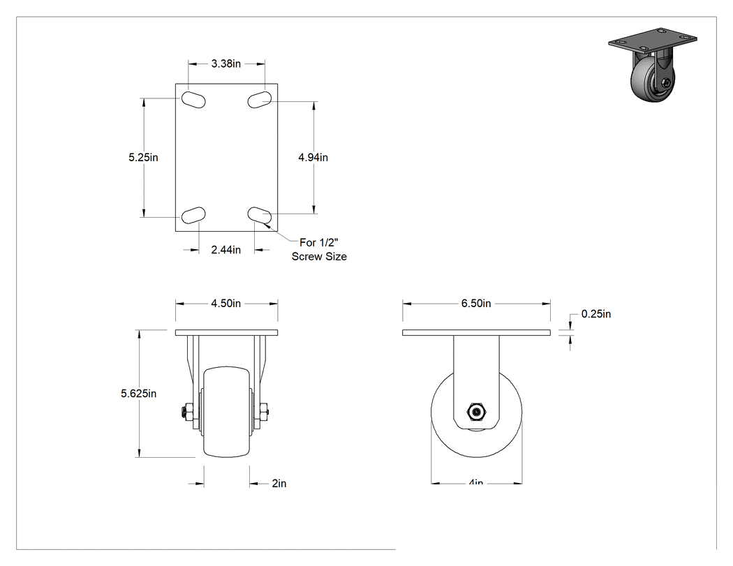 Teknik Çizim - 6-1/2" x 4-1/2" Plakalı Yüksek Kapasiteli Vulcan Tekerlek, 4" Çapında Naylon Tekerlekli Sert