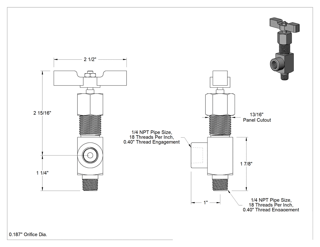 Teknik Çizim - Yüksek Basınçlı Hassas Akış Ayar Vanası, Çelik Gövde, Metal-Metal Koltuk, 1/4 NPT Erkek x Dişi