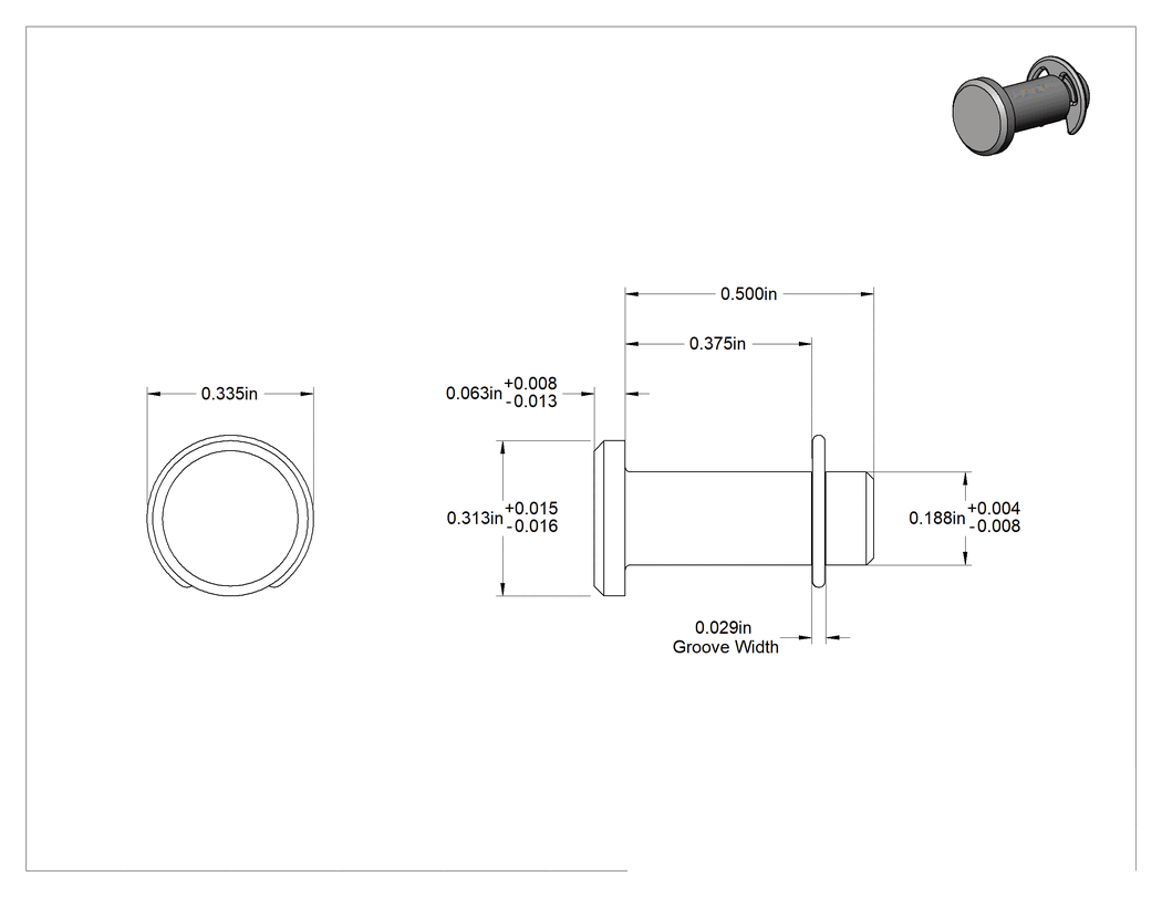 Teknik Çizim - Segman Yivli Çatal Pim, 316 Paslanmaz Çelik, 3/16" Çap, 3/8" Kullanılabilir Uzunluk