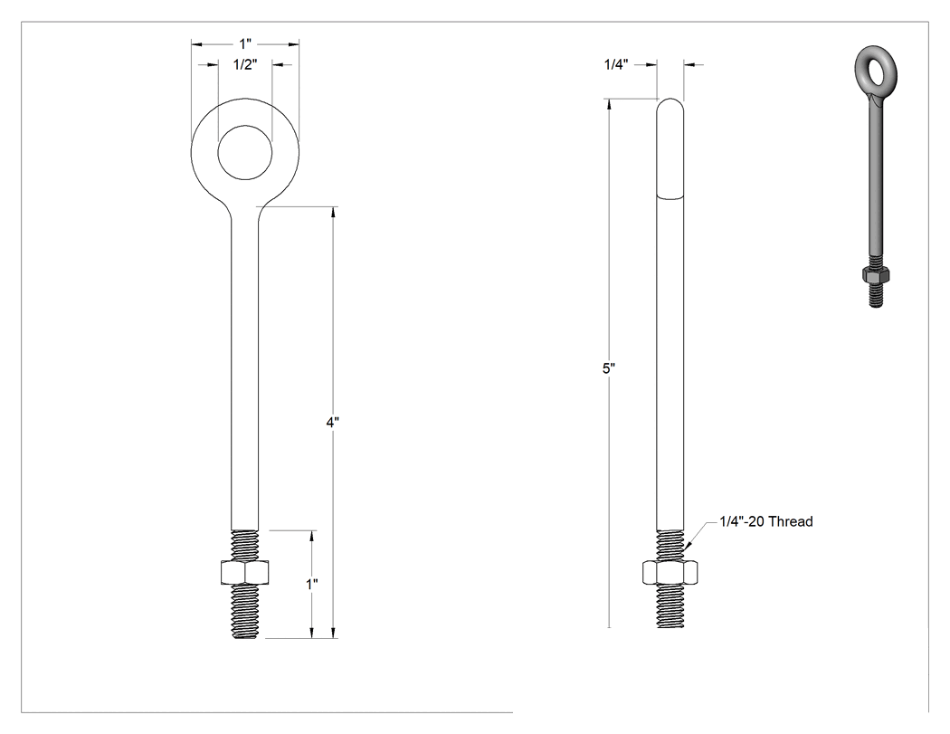 Teknik Çizim - Somunlu 304 Paslanmaz Çelik Halka Cıvata, Kaldırma Omuzlu Olmayan, 1/4"-20 Boyut x 1" Uzunlukta Diş