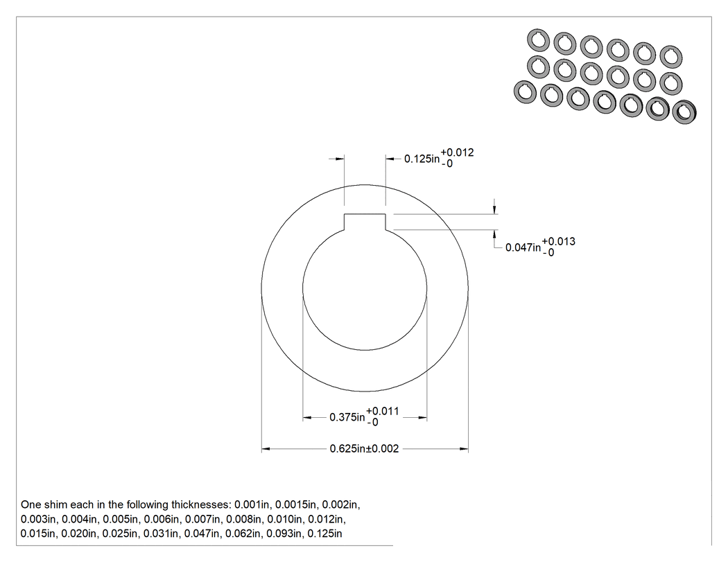 Teknik Çizim - 3/8" Çaplı Kamalı Miller için 19 Parça Şim Çeşidi