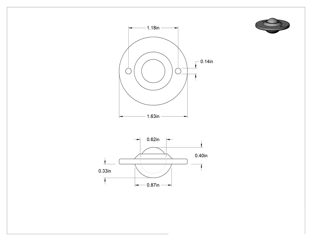 Teknik Çizim - Gömme Flanş Montajlı Bilyalı Transfer, Çinko Kaplı Çelik Muhafaza, 5/8" Çaplı Paslanmaz Çelik Bilye, 26 lb. Kapasite