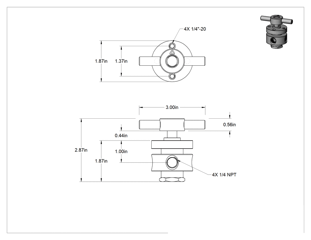 Teknik Çizim - Çok Portlu Dişli Yön Değiştirme Vanası, Çift L-Desenli Akış, 1/4 NPT Dişi