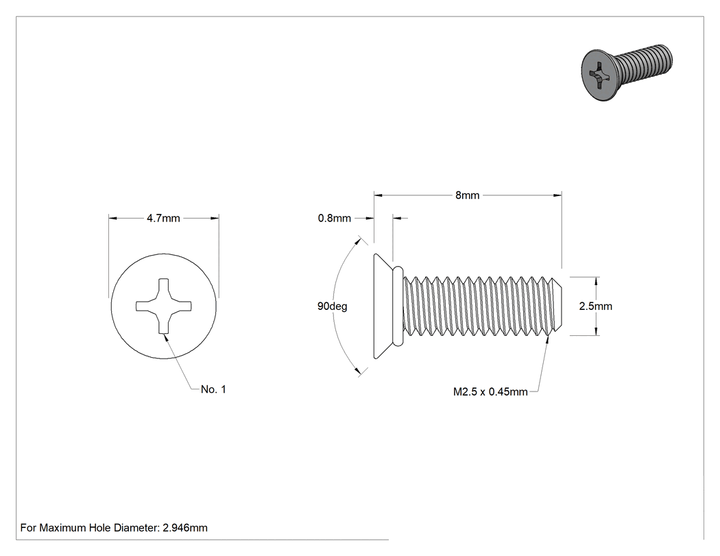 Teknik Çizim - Sızdırmaz 316 Paslanmaz Çelik Phillips Havşa Başlı Vidalar, Viton® O-Ringli, M2.5 x 0.45 mm Diş Boyutu, 8 mm Uzunluk