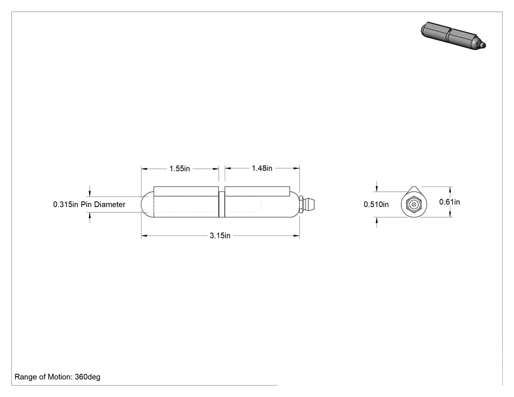 Teknik Çizim - Delikli Olmayan Dar Profilli Kaldırmalı Menteşe, Gres Bağlantı Parçalı, 1-1/2" x 1/2" Kapı Kanadı
