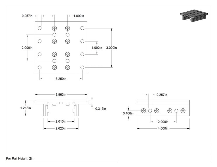 Teknik Çizim - T-Yivli Çerçeve, 2" Yüksekliğinde Çift Ray için Manşon Yatağı, 2 Flanş, 4" Uzunluk, Gümüş
