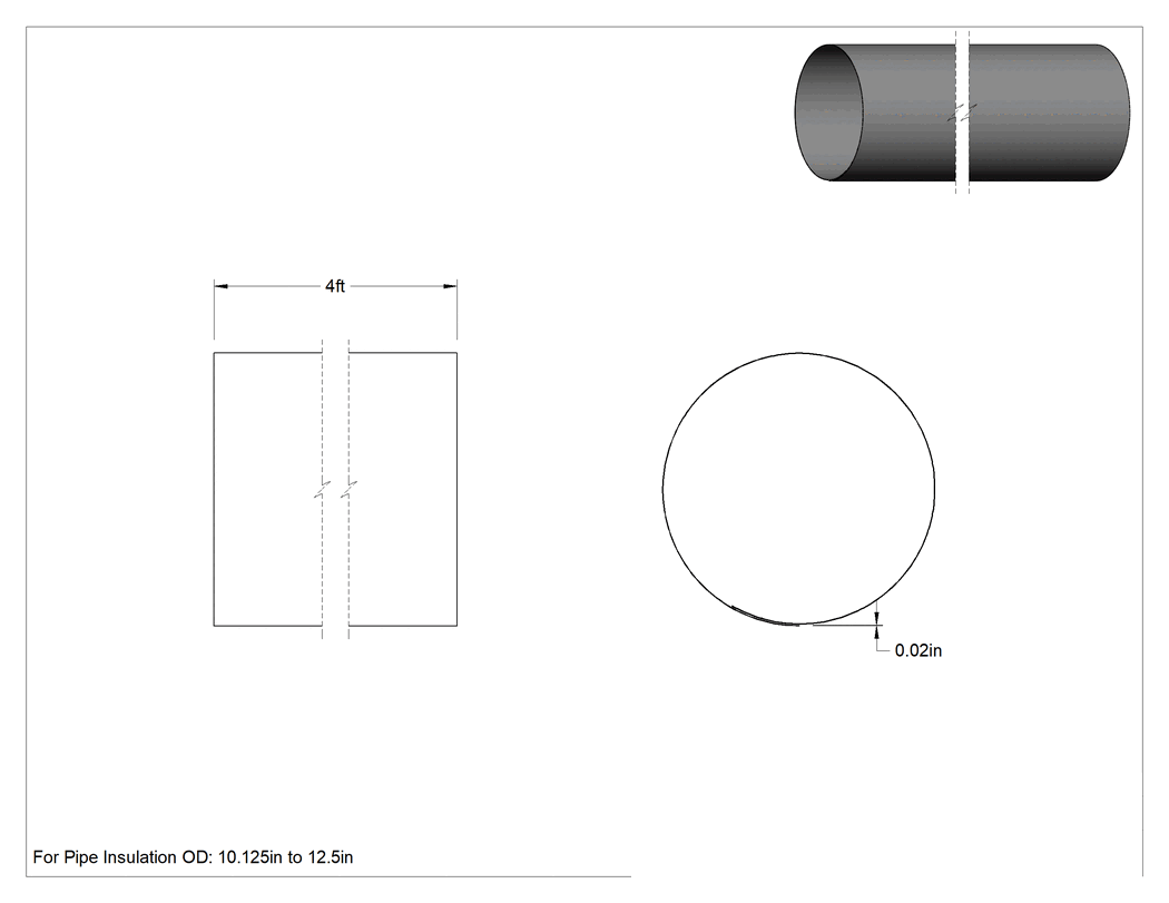 Teknik Çizim - PVC Boru Yalıtım Kılıfı, Yapışkan Şerit, 0.02" Kalınlık, 10-1/8" ila 12-1/2" Dış Çap, 4' Uzunluk