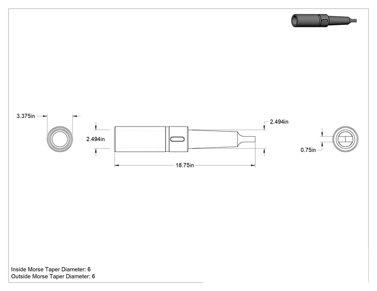 Teknik Çizim - Uzatma, 6 Numaralı Dış x 6 Numaralı İç, Sertleştirilmiş Çelik, 18.75" Uzunluk