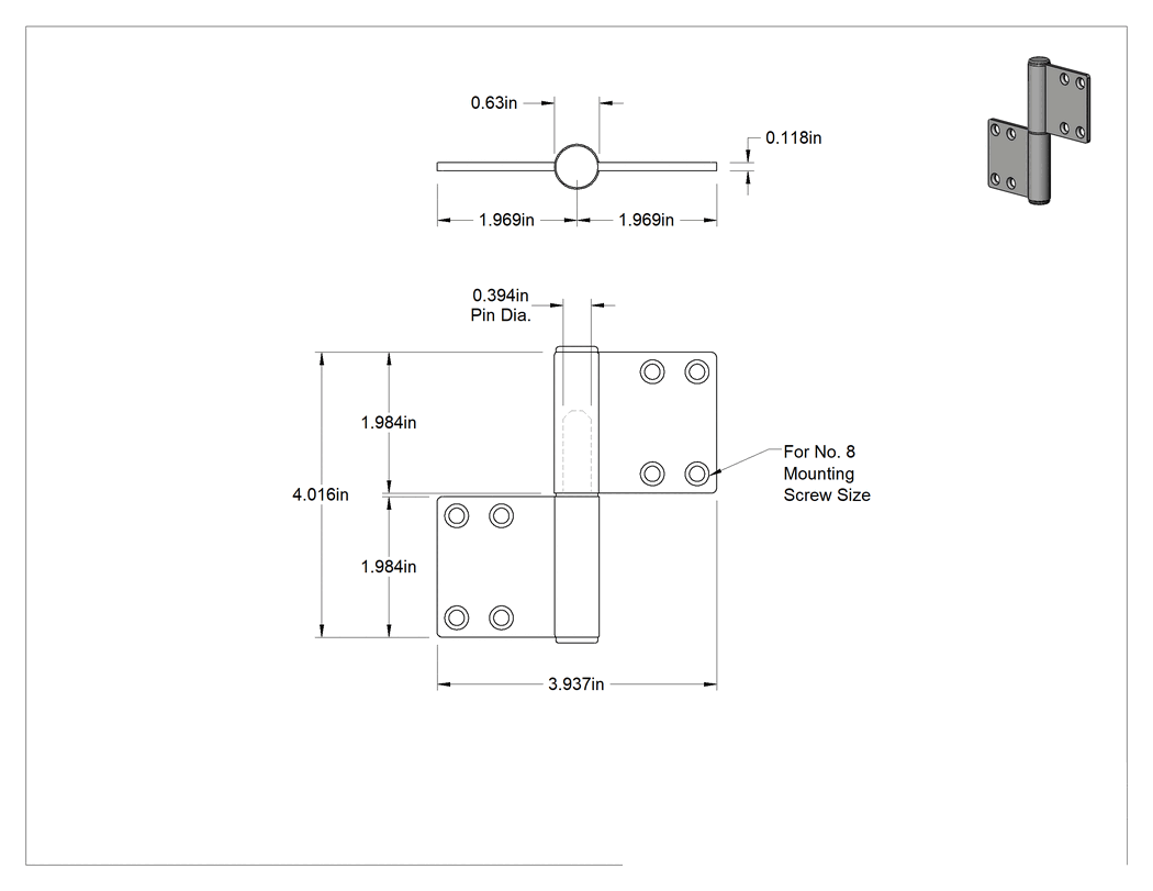 Teknik Çizim - Gömme Montajlı Kaldırılabilir Menteşeler, 2" x 1-31/32" Kapı Kanadı