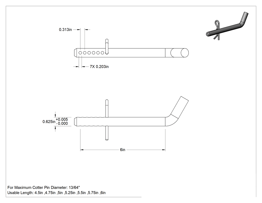 Teknik Çizim - Uzunluğu Seçilebilir Eğimli Başlı Çatal Pim, Paslanmaz Çelik, 5/8" Çap, 6 inç Uzunluk