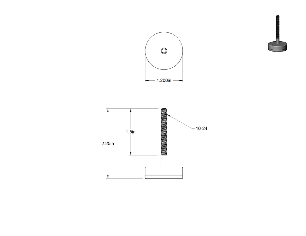Teknik Çizim - Dişli Saplamalı Sert Tesviye Montaj Parçaları, 1-1/2" Uzunlukta 10-24 Dişli Saplama, 1-3/16" Taban Çapı