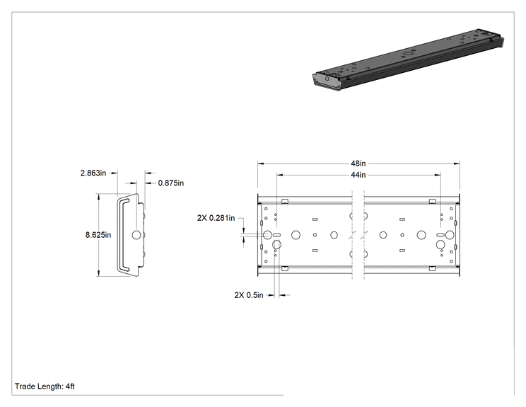 Teknik Çizim - Sargılı Lensli Tavan Lambası, Prizmatik Buzlu Akrilik Lens, 48" Toplam Uzunluk