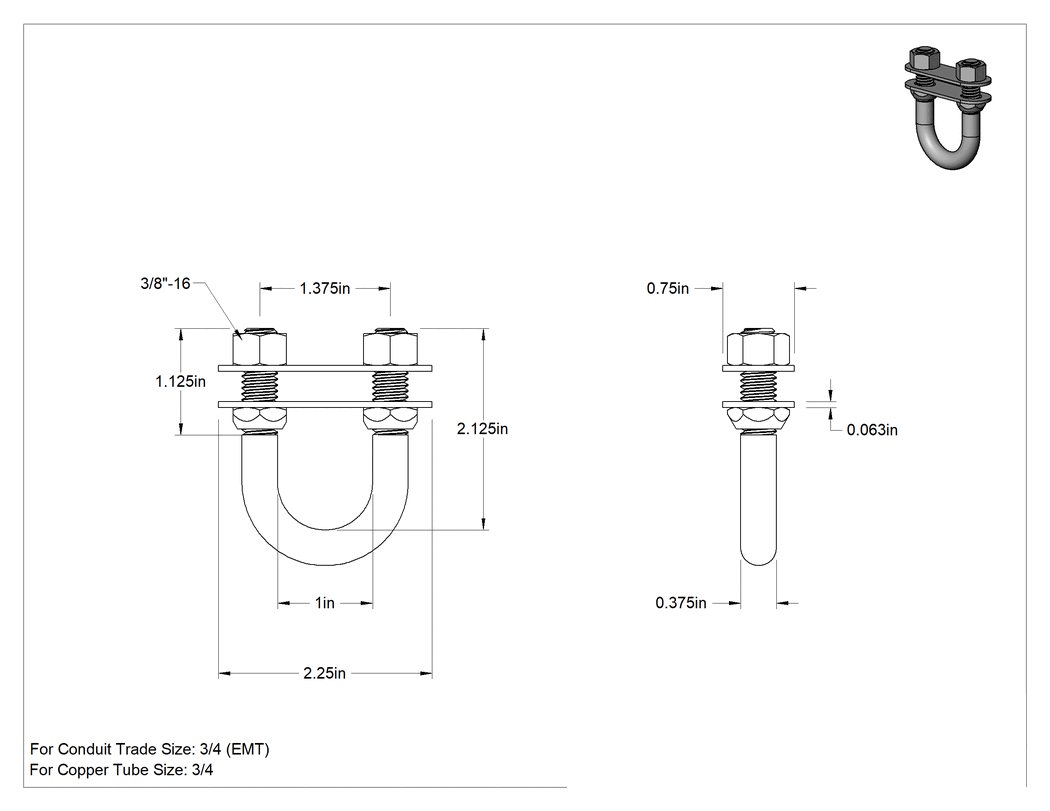 Teknik Çizim - Montaj Plakalı 304 Paslanmaz Çelik U Cıvata, 3/8"-16 Diş Boyutu, 1" İç Çap, 2-1/8" Yükseklik
