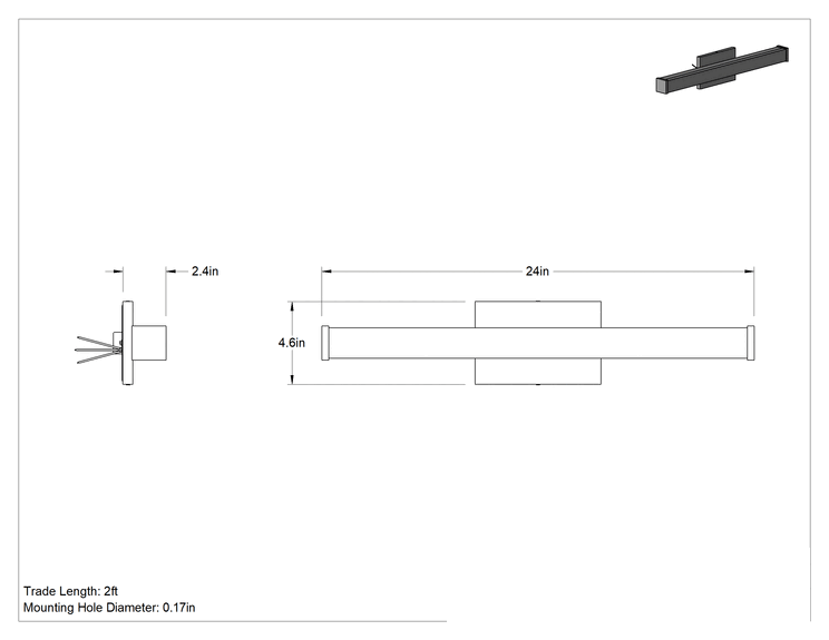 Teknik Çizim - Duvar Lambası, Akrilik Lensli, 24" Uzunluk x 4-1/2" Genişlik x 2-1/2" Toplam Yükseklik