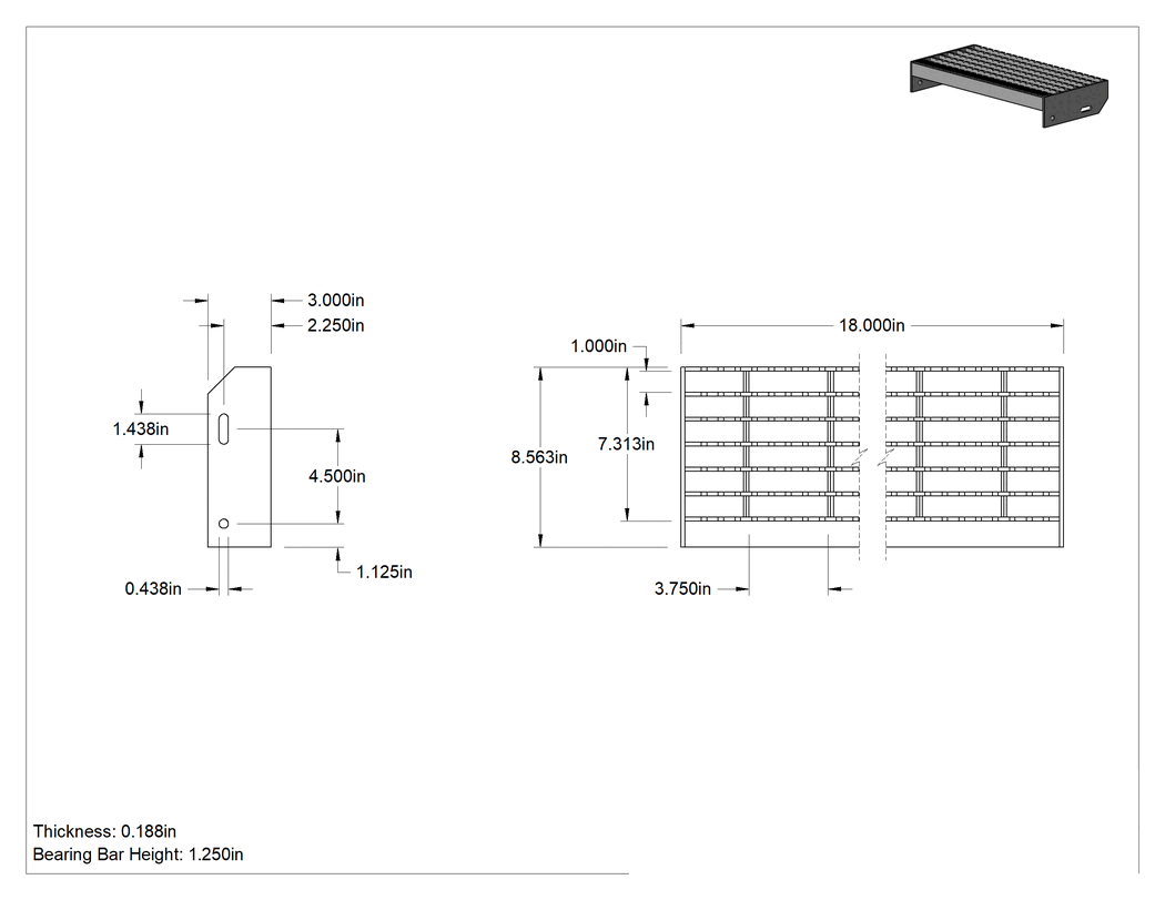 Teknik Çizim - Alüminyum Çubuk Izgara Merdiven Basamağı, Tırtıklı, 18 inç Genişlik x 8-9/16 inç Derinlik