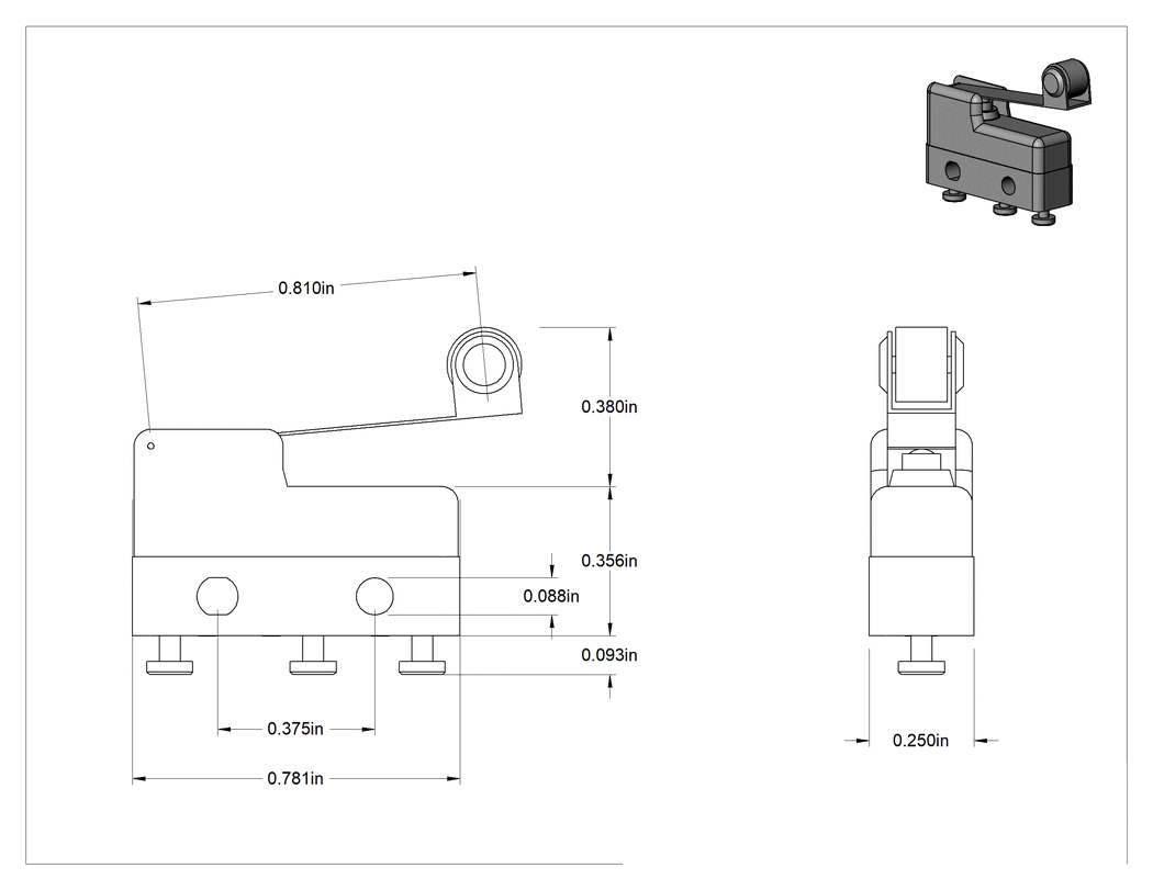 Teknik Çizim - Hafif Dokunmalı Mikro Ani Hareketli Anahtar, Makara Kolu ve Tırnak Terminalleri, 1A @ 125V AC/30V DC