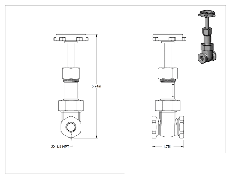 Teknik Çizim - Bronz Gövde ve Sürgülü Kademeli Açma/Kapama Vanası, Tekerlek Kolu ve Yükselen Mil, Sınıf 200, 1/4 NPT Dişi