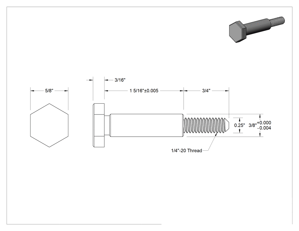 Teknik Çizim - Çelik Altıköşe Başlı Omuzlu Vida, 3/8" Omuz Çapı, 1-5/16" Omuz Uzunluğu, 1/4"-20 Diş