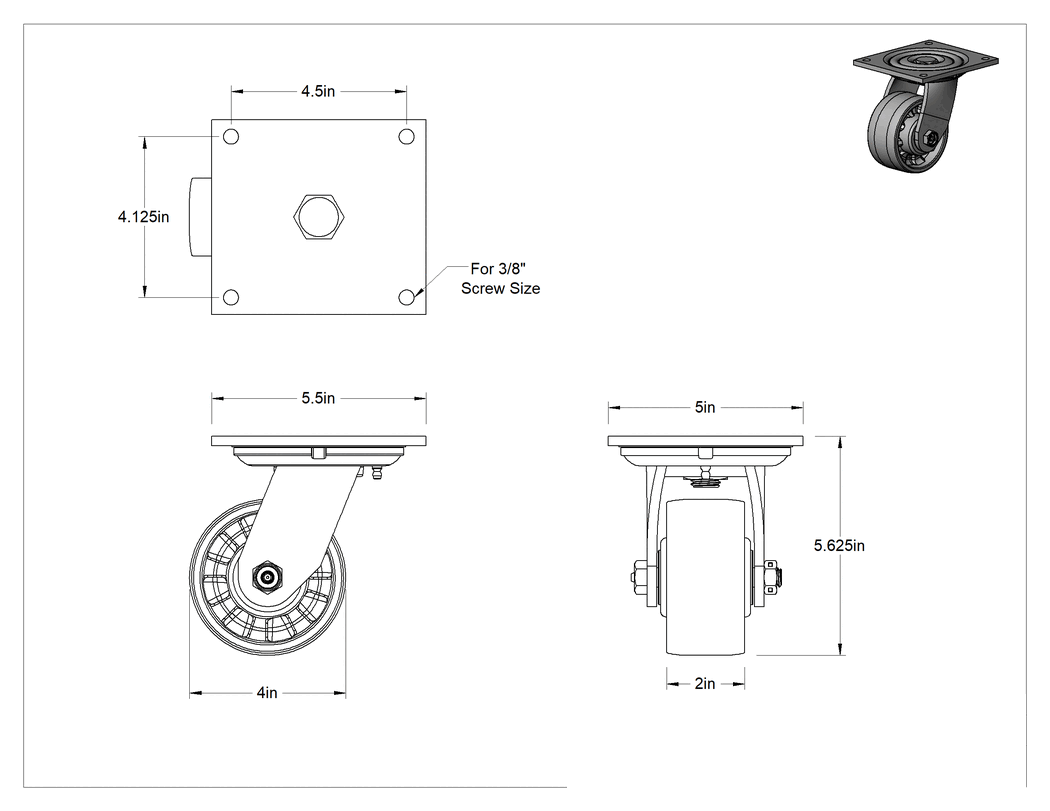 Teknik Çizim - 5-1/2" x 5" Plakalı Yüksek Kapasiteli Spartan Tekerlek, Sızdırmaz Rulmanlı ve 4 inç Çapında Naylon Tekerlekli Döner