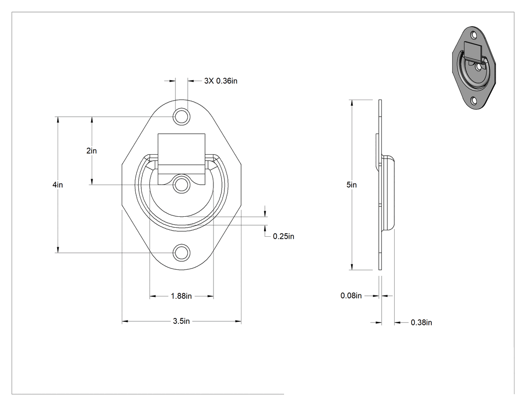 Teknik Çizim - Montaj Plakalı Gömme Katlanır Çekme Kolu, Mat Çinko Kaplı Çelik, Yuvarlak Tutamak, 1-3/16" Çıkıntı