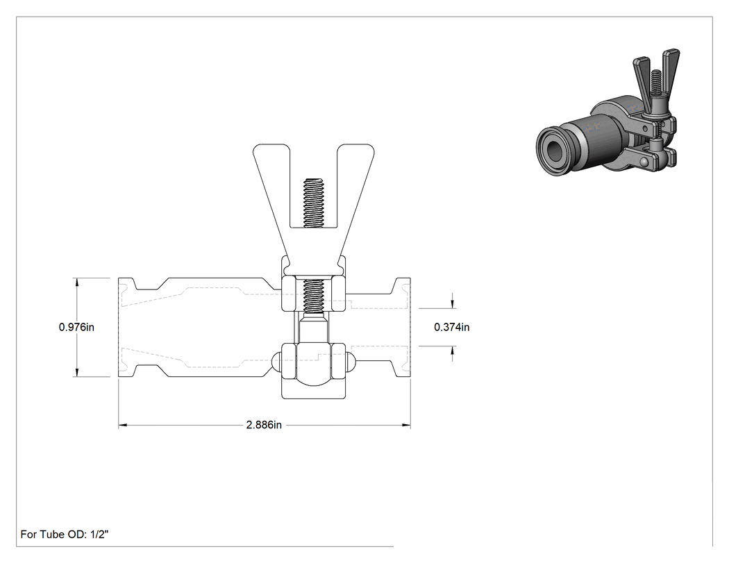Teknik Çizim - Hızlı Kelepçeli Bağlantı Parçalı Çekvalf, Yiyecek ve İçecek için, Kauçuk Conta, 1/2" Boru Dış Çapı için