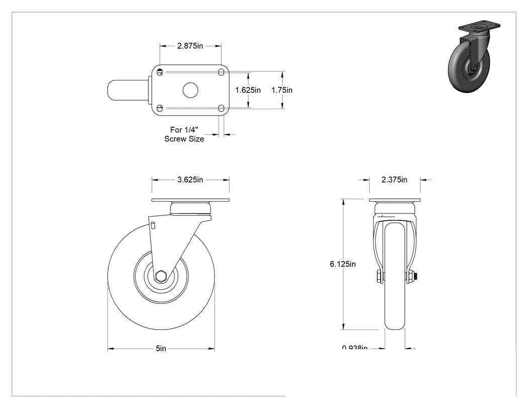 Teknik Çizim - Paslanma ve Aşınmaya Dayanıklı Tekerlek, 5" Çaplı 60A Durometreli Kauçuk Tekerlekli Döner Tekerlek