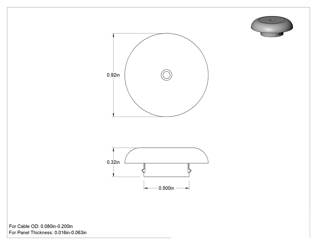 Teknik Çizim - Panel Tapaları, Sızdırmazlık, 1/2" iç çap ve 0.016" ila 0.063" panel kalınlığı için