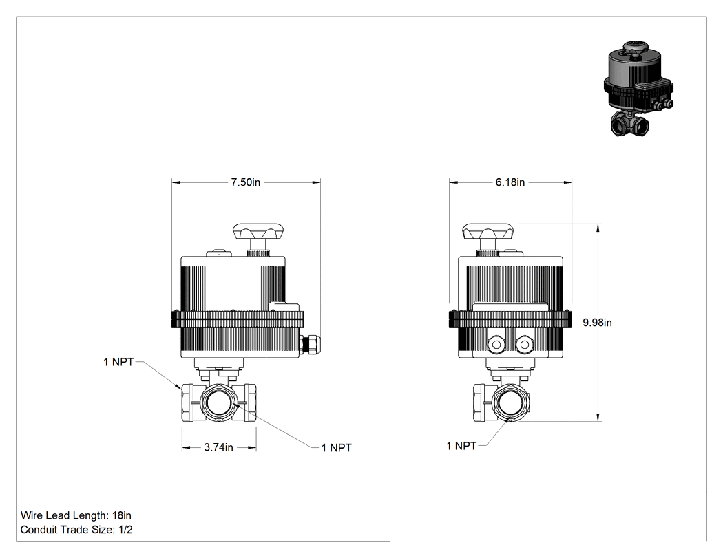 Teknik Çizim - Motor Tahrikli Yön Değiştirme Valfi, 120 V AC ve 240 V AC, 1 NPT Dişi
