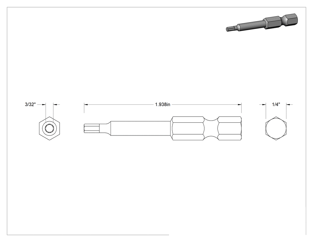 Teknik Çizim - Altıgen Uç, Elektrikli Aletler için 1/4" Altıgen Şaft, 3/32" Boyut, 2" Toplam Uzunluk