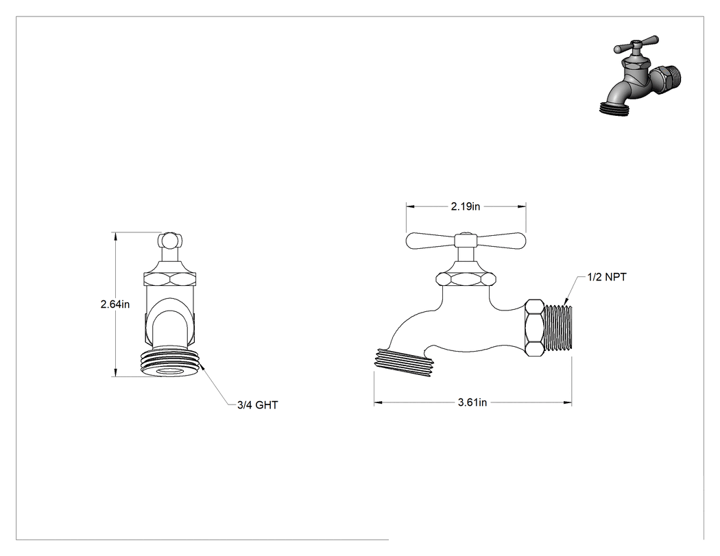 Teknik Çizim - Sabit Musluklu Lavabo Bataryası, Pirinç, 1/2 NPT Arka Giriş x 3/4 Erkek GHT Çıkış