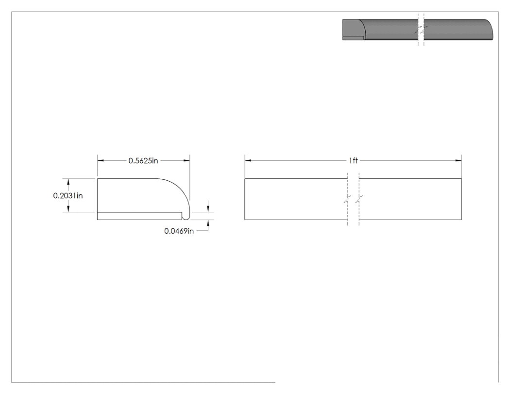 Teknik Çizim - Arka Yüzü Yapışkanlı Vinil Plastik Kenar Çıtası, 3/64" İç Yükseklik, 9/16" Genişlik x 1/4" Dış Yükseklik