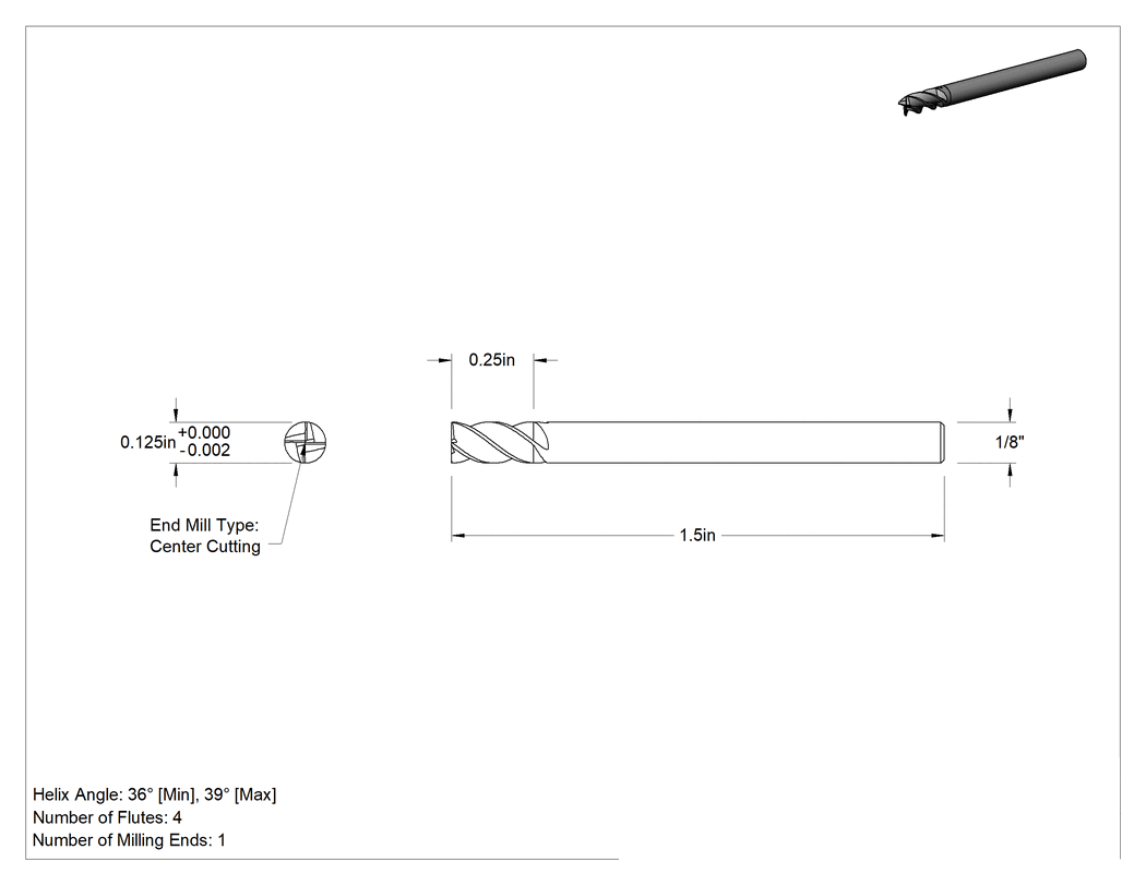 Teknik Çizim - Hızlı Kesim Karbür Uçlu Freze, Ramping ve Plunging için, Kare, 1/8" Freze Çapı, 1/4" Uzunluğunda Kesim