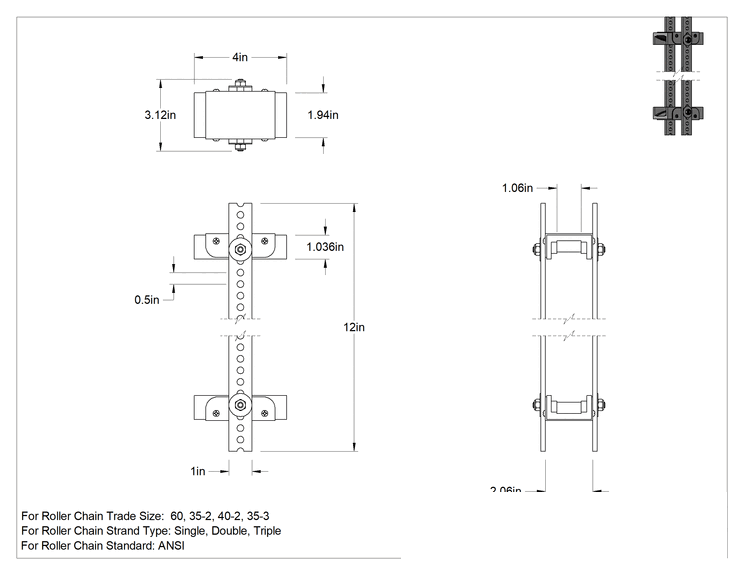 Teknik Çizim - Yüzer Makaralı Zincir Gergisi, ANSI 35-2 için, 35-3, 40-2 ve 60, PTFE Plastik