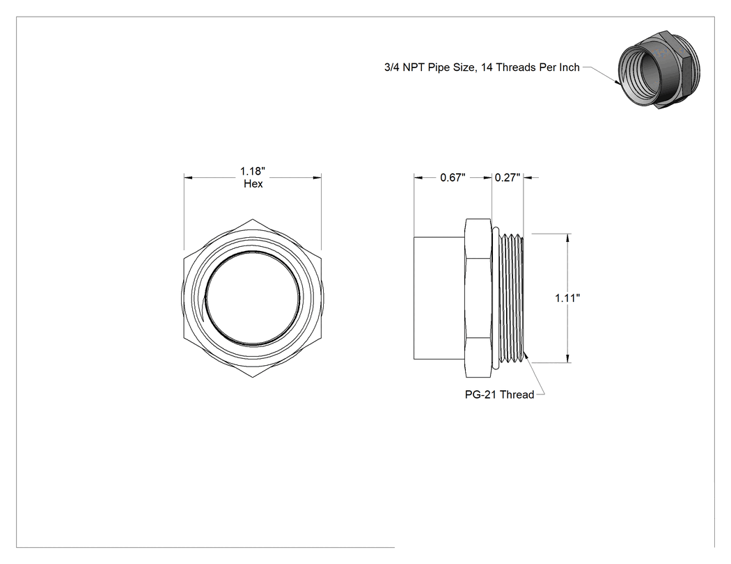 Teknik Çizim - Dişli Adaptör, Nikel Kaplı Pirinç, 3/4 NPT Dişi - PG-21 Erkek