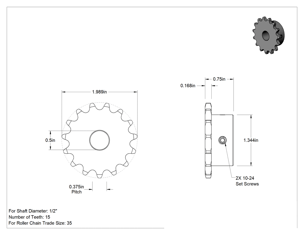 Teknik Çizim - Çelik Tek Sıralı Dişli, ANSI 35 Makaralı Zincir ve 1/2" Mil Çapı için, 15 Diş