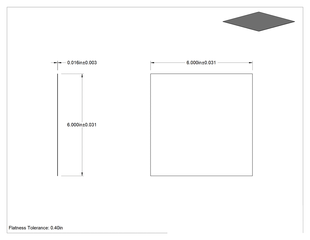 Teknik Çizim - Kaynaklanabilir 321 Paslanmaz Çelik Sac, 0.016 inç Kalınlık, 6" x 6"