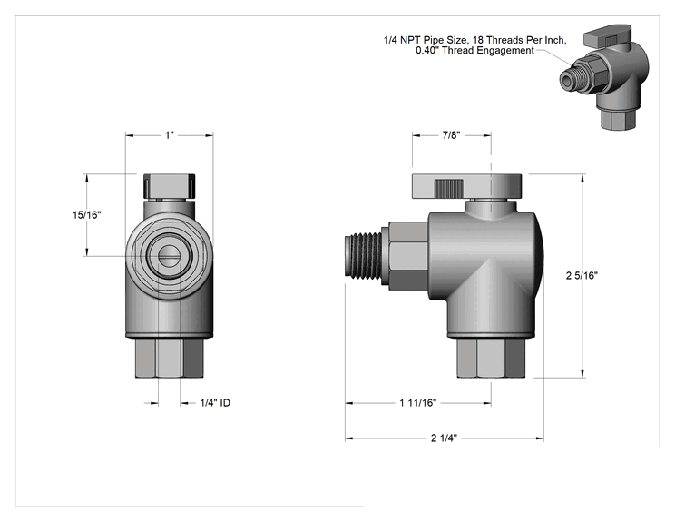 Teknik Çizim - Gri PVC Açma/Kapama Vanası, Kol Saplı Dirsek, 1/4 NPT Dişi x 1/4 NPT Erkek
