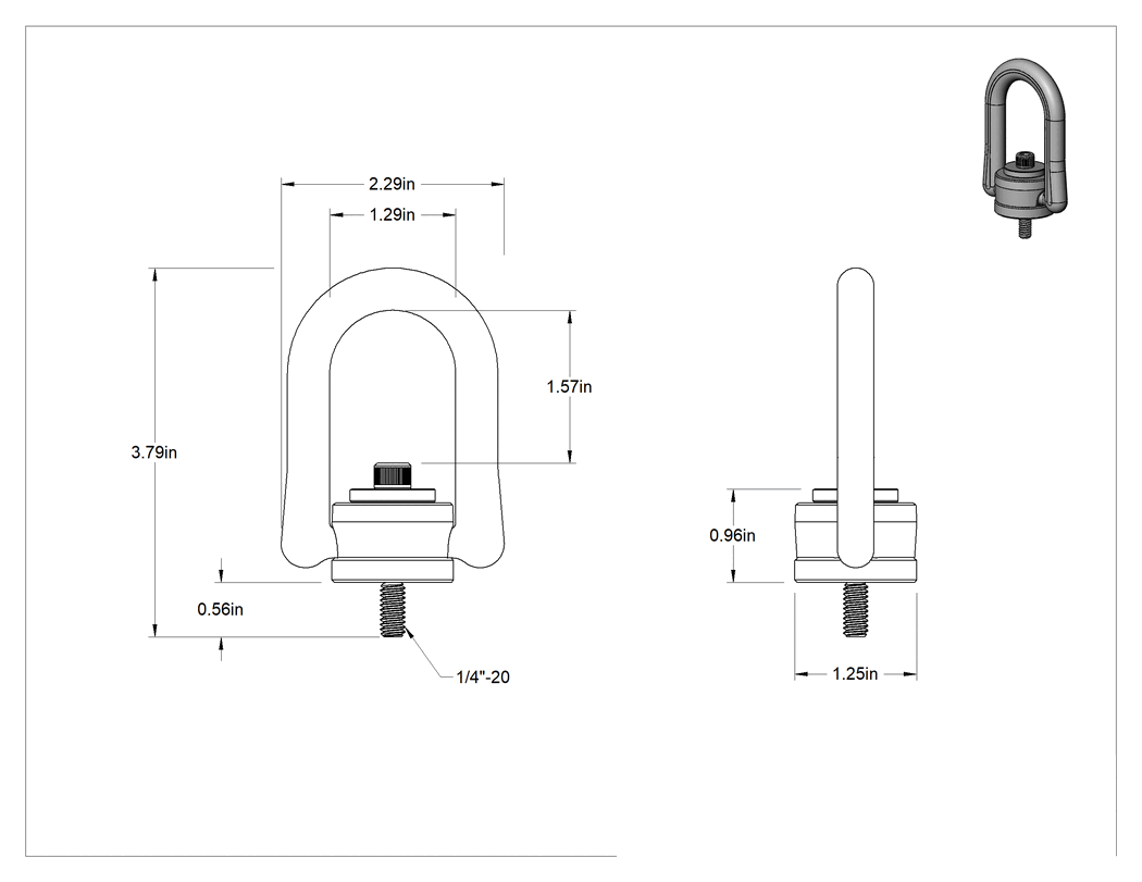 Teknik Çizim - Kaldırma için Dövme Çelik Kaldırma Halkası, Siyah Oksit, 1/4"-20 Diş Boyutu, 3-7/8" Toplam Yükseklik