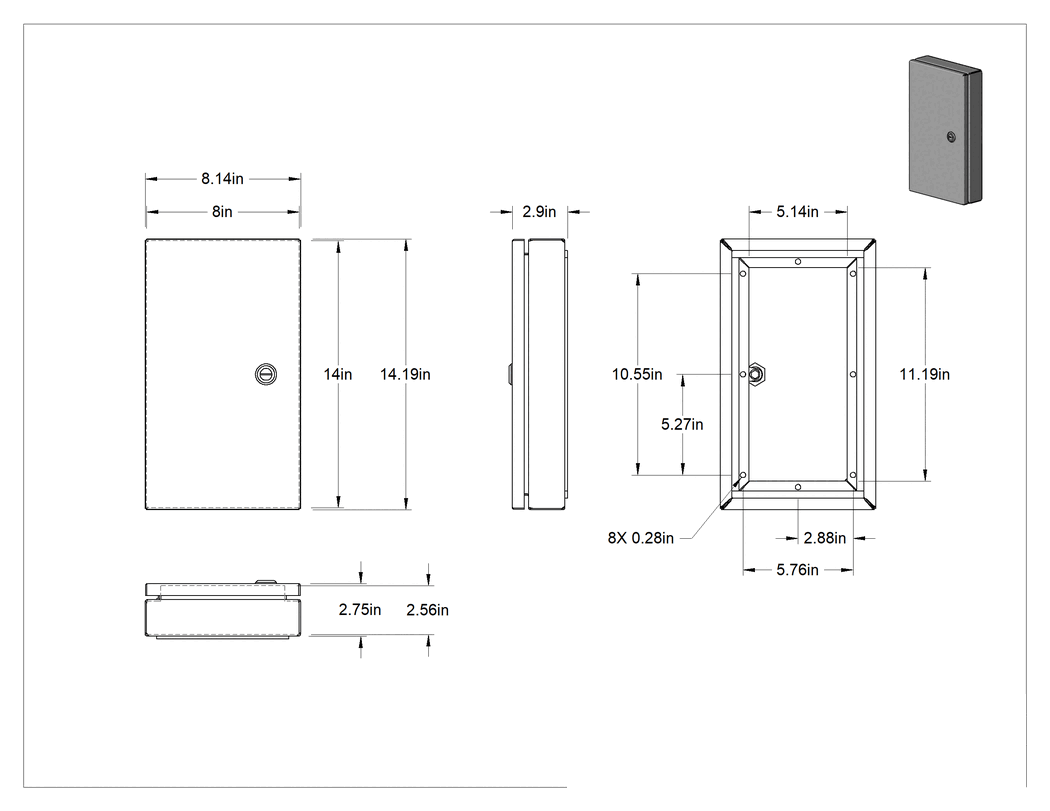 Teknik Çizim - Muhafazalar için HMI Kapağı, Yivli Mandal Kapatma, 316 Paslanmaz Çelik, 14-3/16" Yükseklik x 8-1/8" Genişlik