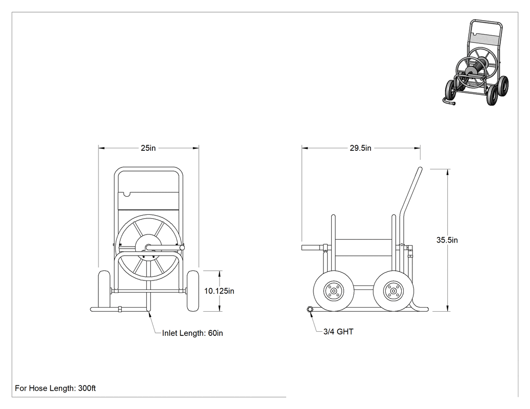 Teknik Çizim - Mobil Makara, 300 fit bahçe hortumu için, 3/4 GHT