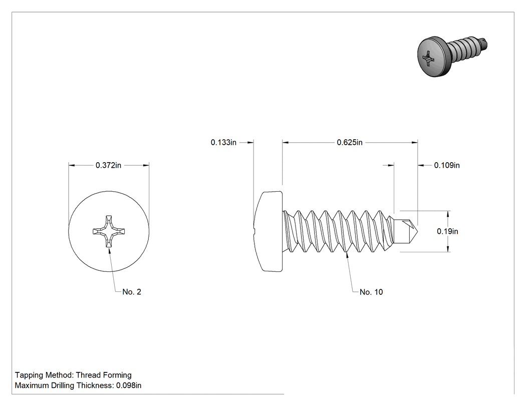 Teknik Çizim - 18-8 Paslanmaz Çelik Phillips Yuvarlak Başlı Delme Vidaları, Metal için, 10 Numaralı Vida Boyutu, 5/8" Uzunluk