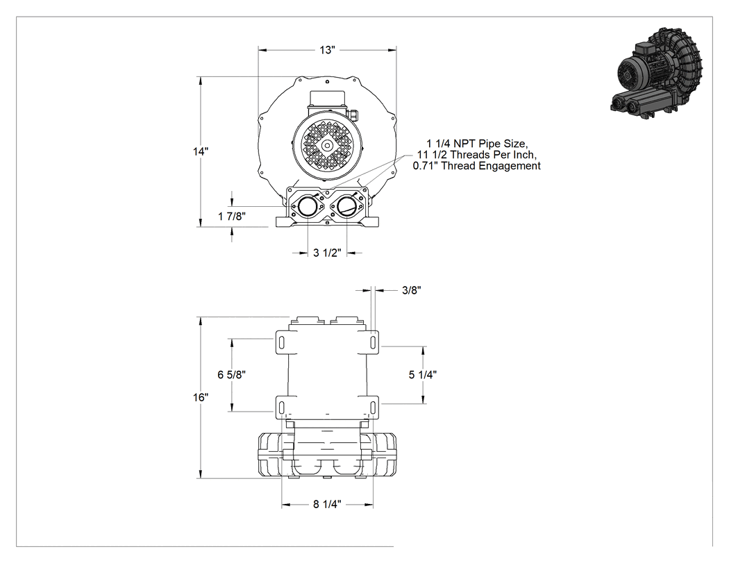 Teknik Çizim - Yüksek Akışlı Düşük Basınçlı Sıkıştırılmış Hava Üfleyici, İki Aşamalı, Üç Fazlı, 65 CFM @ 0 PSI