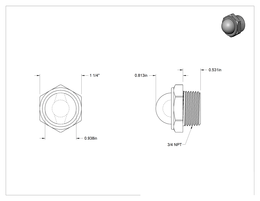 Teknik Çizim - Kolay Görüş, 3/4 NPT Erkek