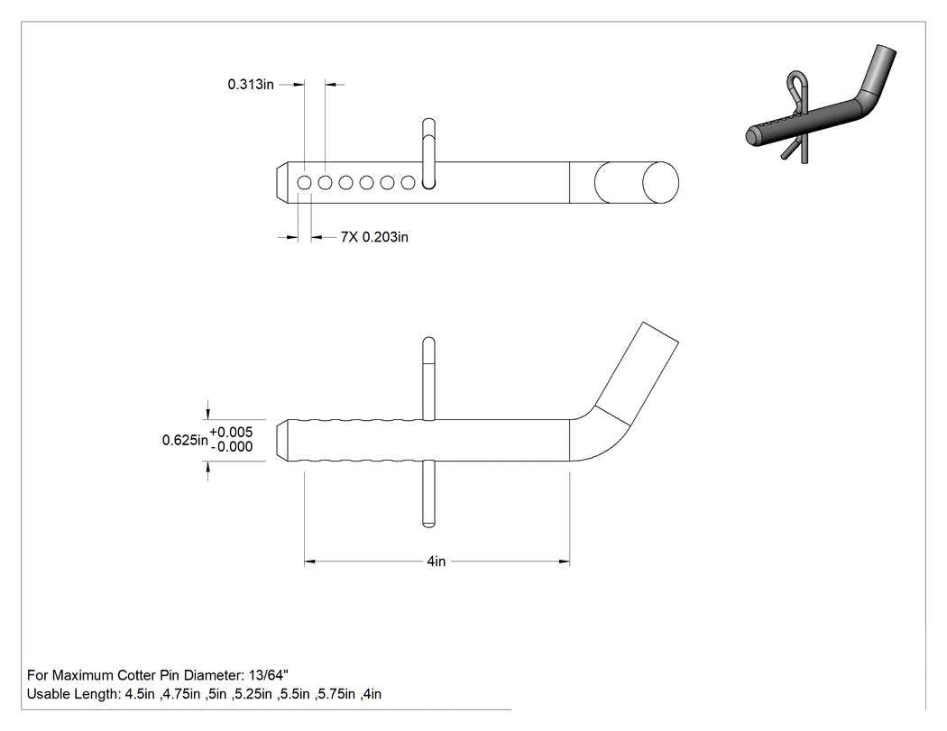 Teknik Çizim - Uzunluğu Seçilebilir Eğimli Başlı Çatal Pim, Çinko Kaplamalı Karbon Çelik, 5/8" Çap, 4" Uzunluk