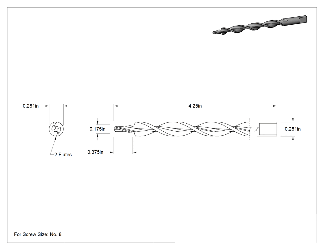 Teknik Çizim - Uzun Ömürlü Havşa Matkap Ucu, 8 Numaralı Vida için, 1/64" Büyük Boy, 4-1/4" Toplam Uzunluk