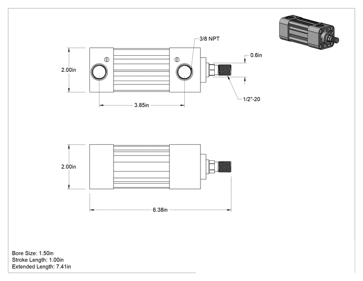 Teknik Çizim - Kapalı Gövdeli NFPA Hava Silindiri, 1-1/2" Delik Çapı, 1" Strok Uzunluğu
